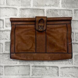 Fossil Brown Leather Vintage Clutch with Faux Wood Handles